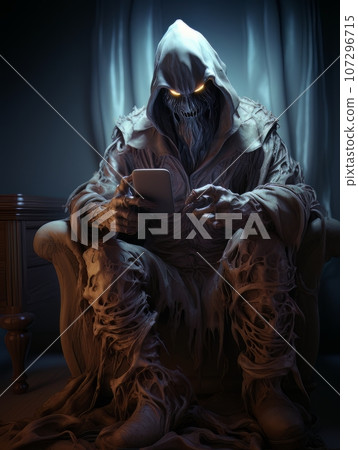 Creepy ghost monster sitting with phone in his hands and waiting for victim. AI Creepy ghost monster sitting with phone in his hands and waiting for victim. AI 107296715