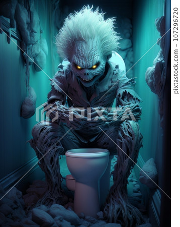 Creepy ghost monster sits and waits for a victim in the toilet. AI Creepy ghost monster sits and waits for a victim in the toilet. AI 107296720