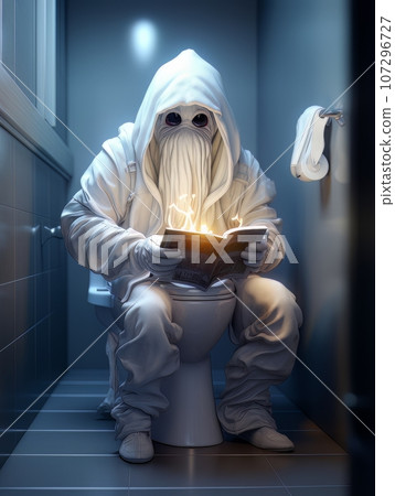 Creepy ghost monster sits and waits for a victim in the toilet. AI 107296727