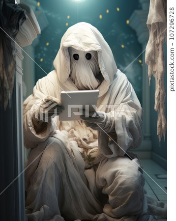Creepy ghost monster sits and waits for a victim in the toilet. AI 107296728