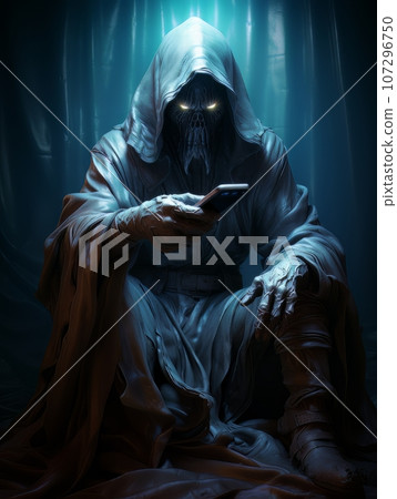 Creepy ghost monster sitting with phone in his hands and waiting for victim. AI 107296750