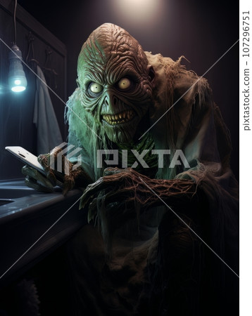 Creepy ghost monster sitting with phone in his hands and waiting for victim. AI Creepy ghost monster sitting with phone in his hands and waiting for victim. AI 107296751