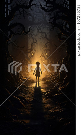 Cartoon child in the forest alone in creepy fairy tale forest. AI Cartoon child in the forest alone in creepy fairy tale forest. AI 107296782