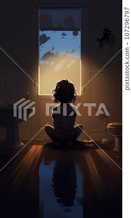 Child girl sitting on the floor in a room in front of a closed door AI 107296797
