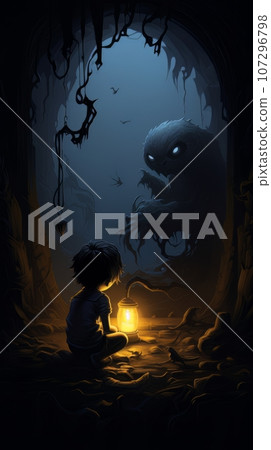 Cartoon child in the forest alone with a creepy monster ghost. AI 107296798