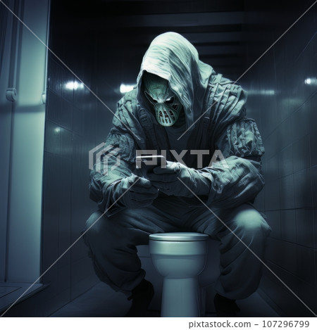 A creepy ghost monster sits and waits for a victim in the toilet. AI 107296799