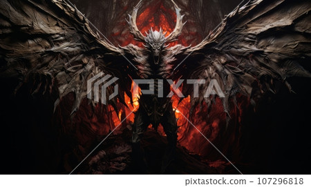 Demon with wings against the background of hell. Christian apocalypse AI 107296818