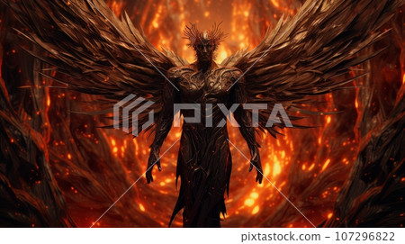 Demon with wings against the background of hell. Christian apocalypse AI 107296822