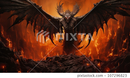 Demon with wings against the background of hell. Christian apocalypse AI 107296823