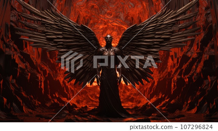 Demon with wings against the background of hell. Christian apocalypse AI 107296824