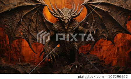 Demon with wings against the background of hell. Christian apocalypse AI 107296852