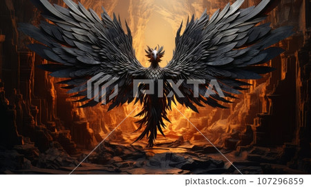 Demon with wings against the background of hell. Christian apocalypse AI 107296859