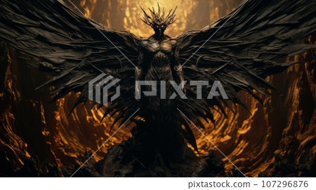 Demon with wings against the background of hell. Christian apocalypse AI 107296876