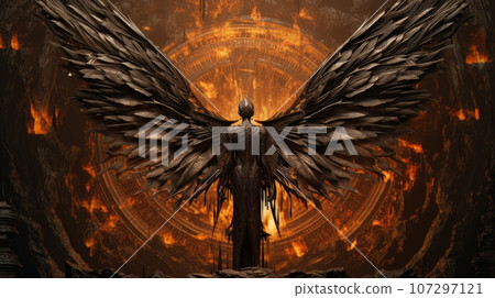 Woman demon with wings against the background of hell. Christian apocalypse AI 107297121