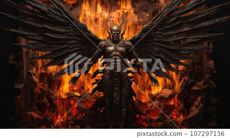 Demon with wings against the background of hell. Christian apocalypse AI 107297136