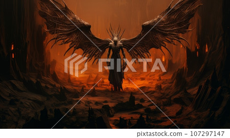 Demon with wings against the background of hell. Christian apocalypse AI Demon with wings against the background of hell. Christian apocalypse AI 107297147
