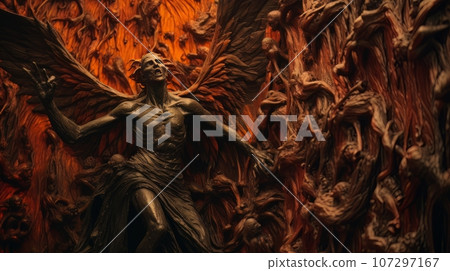 Demon with wings against the background of hell. Christian apocalypse AI 107297167