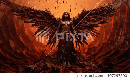 Demon with wings against the background of hell. Christian apocalypse AI 107297200