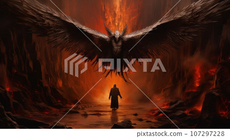 Demon with wings against the background of hell. Christian apocalypse AI 107297228