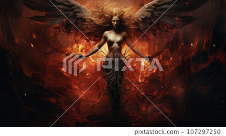 Woman demon with wings against the background of hell. Christian apocalypse AI Woman demon with wings against the background of hell. Christian apocalypse AI 107297250