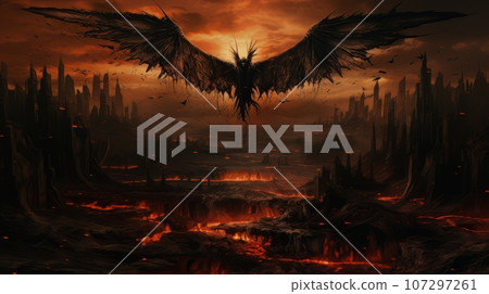 Demon with wings against the background of hell. Christian apocalypse AI 107297261