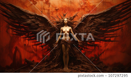 Demon with wings against the background of hell. Christian apocalypse AI 107297295