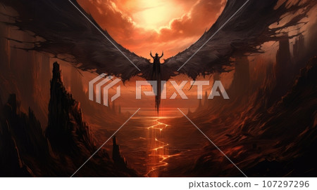 Demon with wings against the background of hell. Christian apocalypse AI 107297296