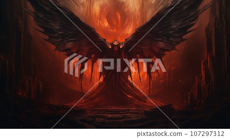 Demon with wings against the background of hell. Christian apocalypse AI 107297312