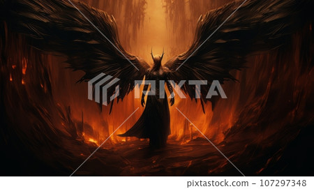Demon with wings against the background of hell. Christian apocalypse AI Demon with wings against the background of hell. Christian apocalypse AI 107297348