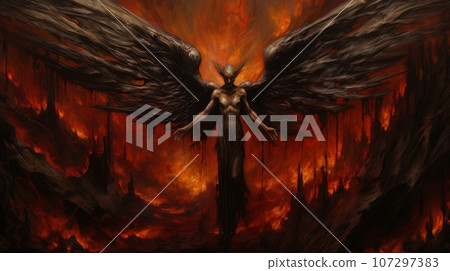 Woman demon with wings against the background of hell. Christian apocalypse AI 107297383