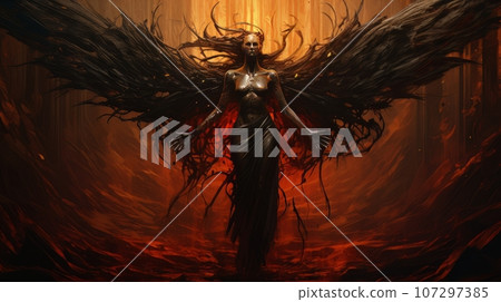 Woman demon with wings against the background of hell. Christian apocalypse AI 107297385