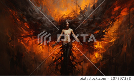 Woman demon with wings against the background of hell. Christian apocalypse AI Woman demon with wings against the background of hell. Christian apocalypse AI 107297388