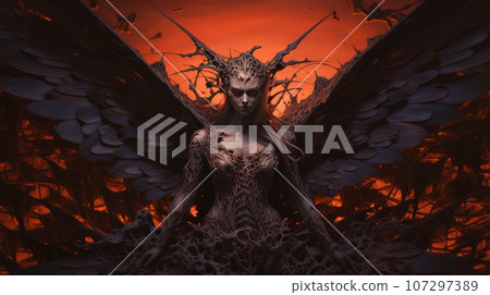 Woman demon with wings against the background of hell. Christian apocalypse AI Woman demon with wings against the background of hell. Christian apocalypse AI 107297389