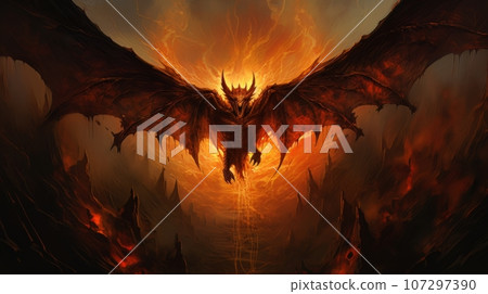 Demon with wings against the background of hell. Christian apocalypse AI 107297390