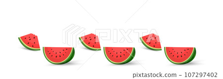 Two cut parts of watermelon, clipart, vector, cartoon fresh green watermelon half, 2 slices red watermelon pieces. vector, illustration fruits element for designs Two cut parts of watermelon, clipart, vector, cartoon fresh green watermelon half, 2 slices red watermelon pieces. vector, illustration fruits element for designs 107297402