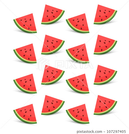 Two cut parts of watermelon, clipart, vector, cartoon fresh green watermelon half, 2 slices red watermelon pieces. vector, illustration fruits element for designs 107297405