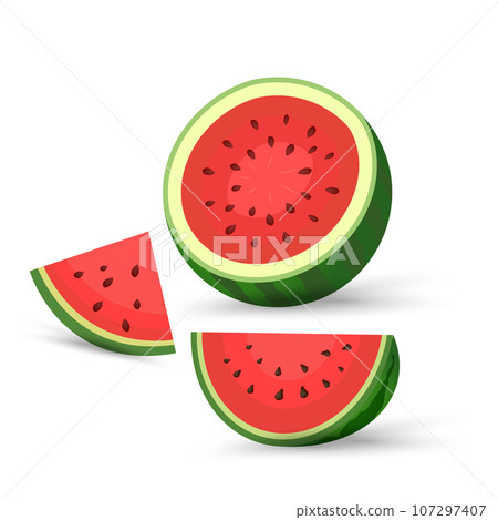 Two cut parts of watermelon, clipart, vector, cartoon fresh green watermelon half, 2 slices red watermelon pieces. vector, illustration fruits element for designs Two cut parts of watermelon, clipart, vector, cartoon fresh green watermelon half, 2 slices red watermelon pieces. vector, illustration fruits element for designs 107297407