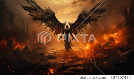 Demon with wings against the background of hell. Christian apocalypse AI 107297484