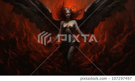 Woman demon with wings against the background of hell. Christian apocalypse AI 107297497