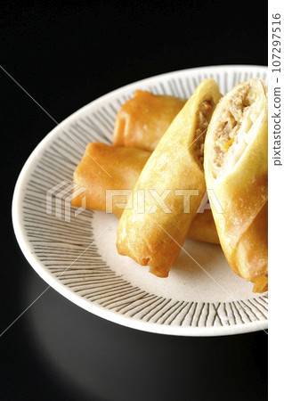 在黑色背景下拍攝的一種點心春捲 107297516