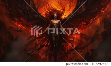 Woman demon with wings against the background of hell. Christian apocalypse AI 107297518
