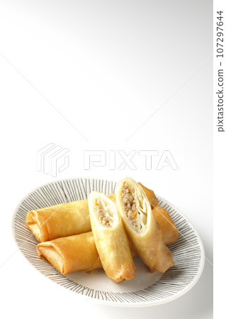 在白色背景下拍攝的一種點心春捲 在白色背景下拍攝的一種點心春捲 107297644