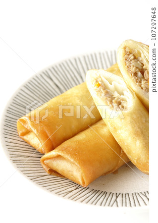 在白色背景下拍攝的一種點心春捲 107297648