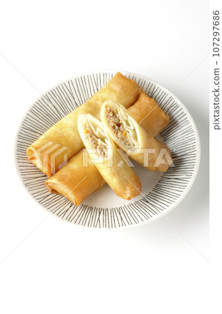 白色背景下的一種點心春捲的俯視鏡頭 107297686
