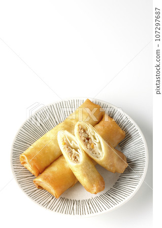 白色背景下的一種點心春捲的俯視鏡頭 107297687