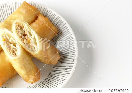 An overhead shot of a type of dim sum spring roll against a white background An overhead shot of a type of dim sum spring roll against a white background 107297695