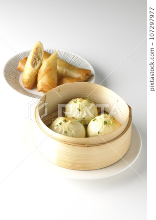 Xiaolongbao and fried spring rolls in a steamer basket 107297977