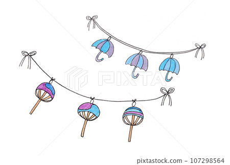 Illustration set of blue umbrella and fan garland drawn with transparent watercolors Illustration set of blue umbrella and fan garland drawn with transparent watercolors 107298564
