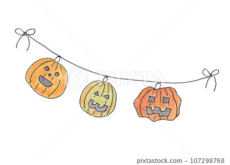 Illustration of Halloween pumpkin garland painted with transparent watercolors 107298768