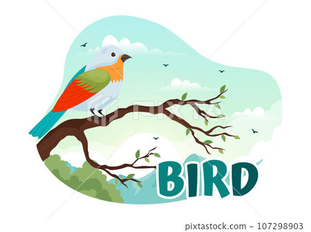 Bird Animal Vector Illustration with Birds on Tree Roots and Sky as Background in Flat Cartoon Style Design Template Bird Animal Vector Illustration with Birds on Tree Roots and Sky as Background in Flat Cartoon Style Design Template 107298903